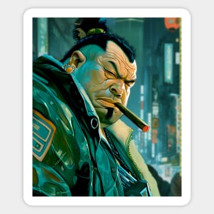 Puff Sumo 2: Smoking a Fat Cigar in a Dystopian City Scene Sticker